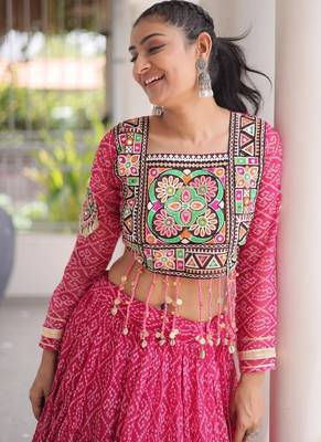 women bandhani print navratri lehenga choli with patchework set for women-full stitched free size 4