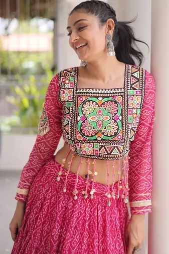 women bandhani print navratri lehenga choli with patchework set for women-full stitched free size