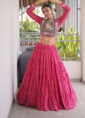women bandhani print navratri lehenga choli with patchework set for women-full stitched free size 5