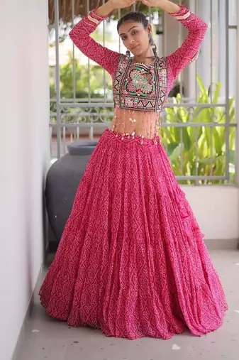 women bandhani print navratri lehenga choli with patchework set for women-full stitched free size