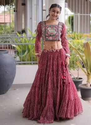 women bandhani print navratri lehenga choli with patchework set for women-full stitched free size 1
