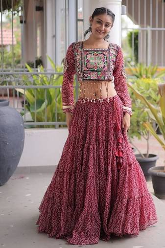 maroon bandhani print navratri lehenga choli