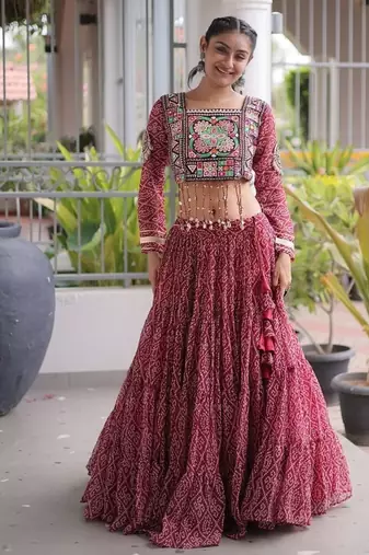 women bandhani print navratri lehenga choli with patchework set for women-full stitched free size