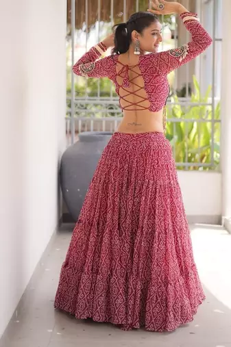 women bandhani print navratri lehenga choli with patchework set for women-full stitched free size