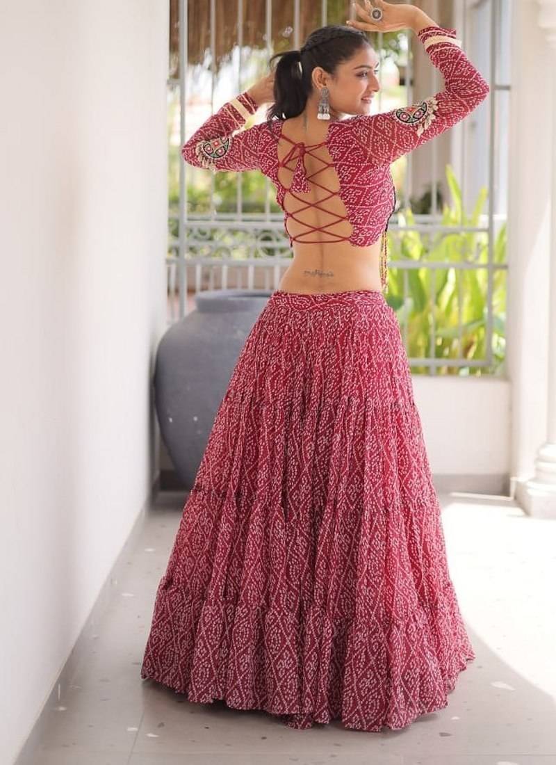 women bandhani print navratri lehenga choli with patchework set for women-full stitched free size
