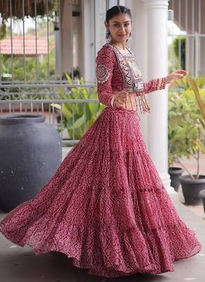 women bandhani print navratri lehenga choli with patchework set for women-full stitched free size 3