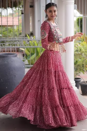 women bandhani print navratri lehenga choli with patchework set for women-full stitched free size