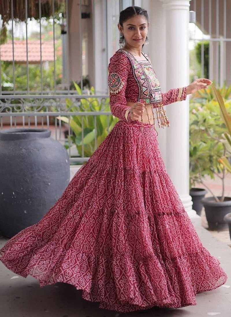 women bandhani print navratri lehenga choli with patchework set for women-full stitched free size