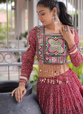 women bandhani print navratri lehenga choli with patchework set for women-full stitched free size 4