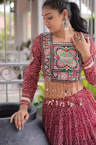 women bandhani print navratri lehenga choli with patchework set for women-full stitched free size
