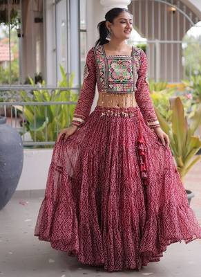 women bandhani print navratri lehenga choli with patchework set for women-full stitched free size 5