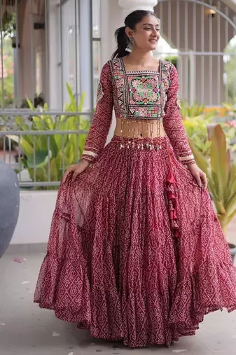 women bandhani print navratri lehenga choli with patchework set for women-full stitched free size