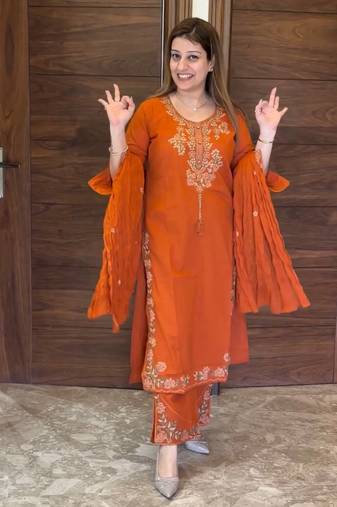 Orange Embroidery And Thread Work Silk Blend Salwar Suit