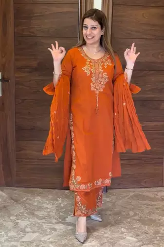Orange Embroidery And Thread Work Silk Blend Salwar Suit