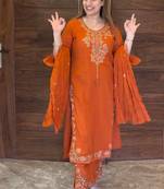 Orange Embroidery And Thread Work Silk Blend Salwar Suit