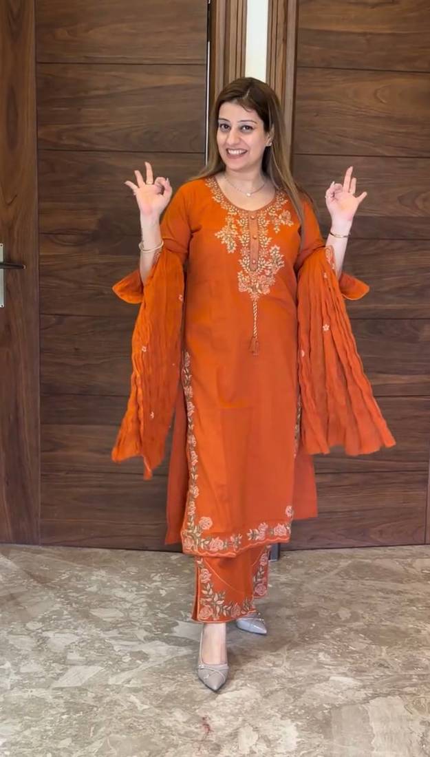 Orange Embroidery And Thread Work Silk Blend Salwar Suit