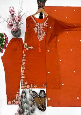 Orange Embroidery And Thread Work Silk Blend Salwar Suit 2