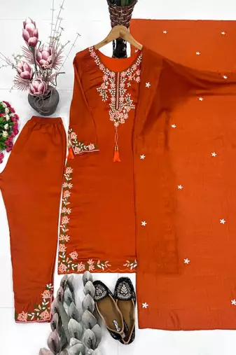 Orange Embroidery And Thread Work Silk Blend Salwar Suit