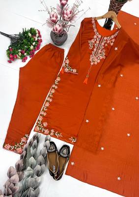 Orange Embroidery And Thread Work Silk Blend Salwar Suit 3