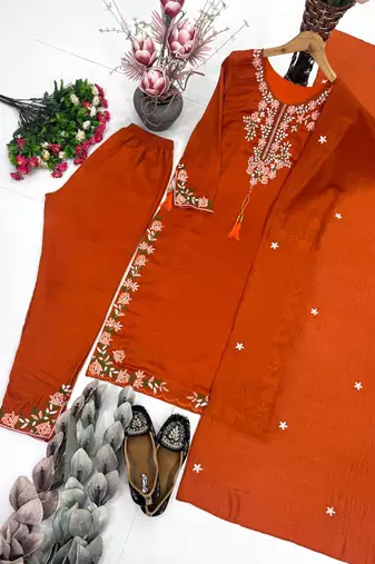 Orange Embroidery And Thread Work Silk Blend Salwar Suit