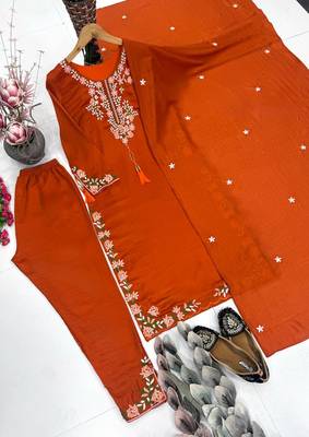 Orange Embroidery And Thread Work Silk Blend Salwar Suit 4