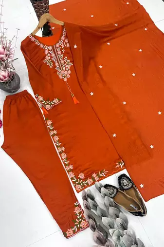 Orange Embroidery And Thread Work Silk Blend Salwar Suit