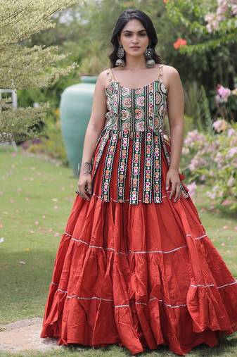 dark red cotton gota patti lace work lehenga choli set for women