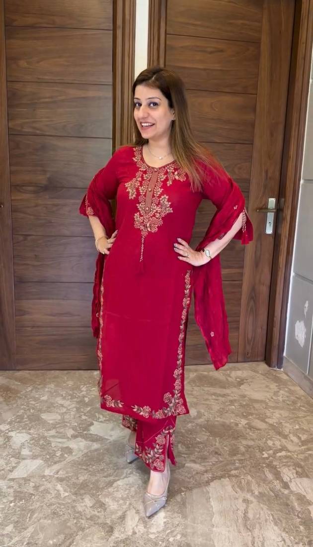 Rani Pink Embroidery And Thread Work Silk Blend Salwar Suit