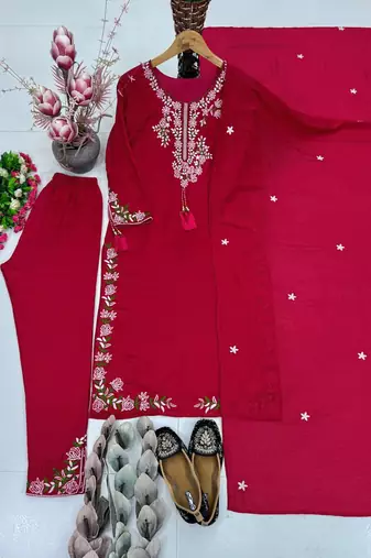 Rani Pink Embroidery And Thread Work Silk Blend Salwar Suit