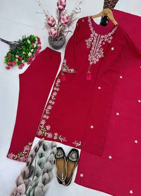 Rani Pink Embroidery And Thread Work Silk Blend Salwar Suit 4