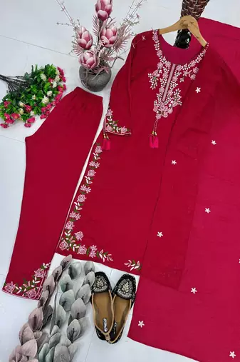 Rani Pink Embroidery And Thread Work Silk Blend Salwar Suit