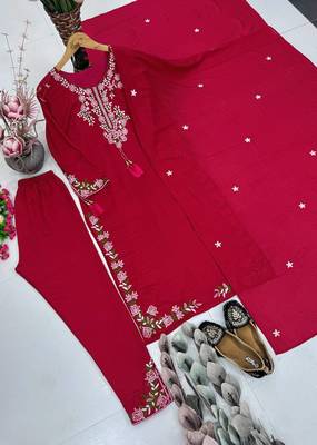 Rani Pink Embroidery And Thread Work Silk Blend Salwar Suit 5
