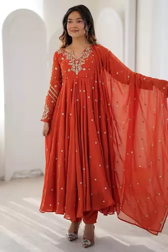 Burnt orange georgette flare anarkali suit with dupatta