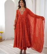 Burnt orange georgette flare anarkali suit with dupatta