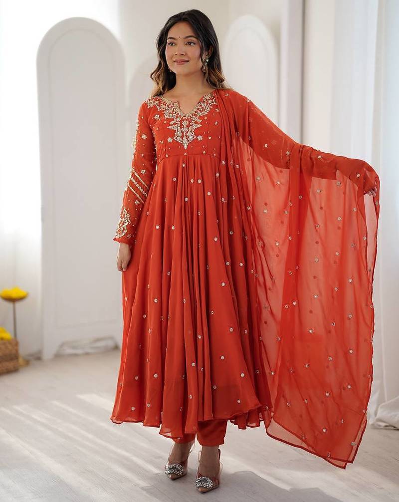 Burnt orange georgette flare anarkali suit with dupatta