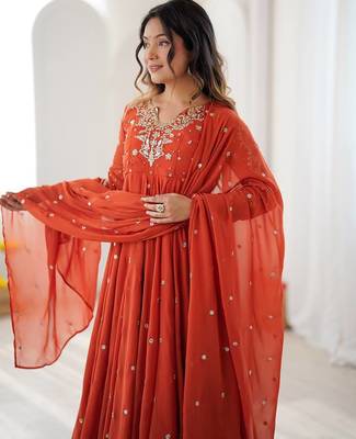 Burnt orange georgette flare anarkali suit with dupatta 2