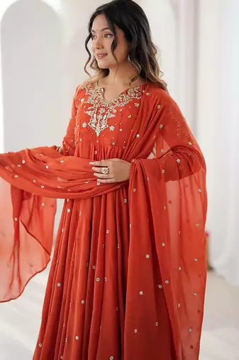 Burnt orange georgette flare anarkali suit with dupatta