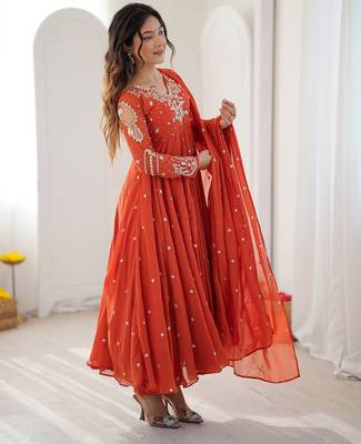 Burnt orange georgette flare anarkali suit with dupatta 3