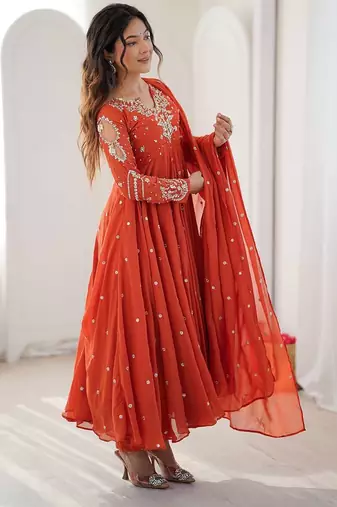 Burnt orange georgette flare anarkali suit with dupatta