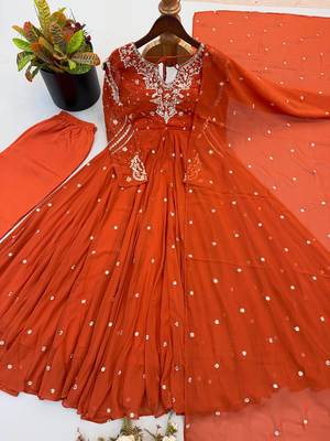 Burnt orange georgette flare anarkali suit with dupatta 4