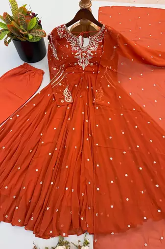 Burnt orange georgette flare anarkali suit with dupatta