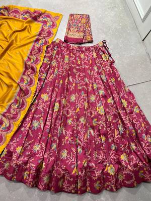 pink tussar  silk lehenga with gilded foil print 6