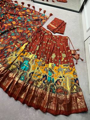 orange tussar silk blend lehenga choli with kalamkari print 6