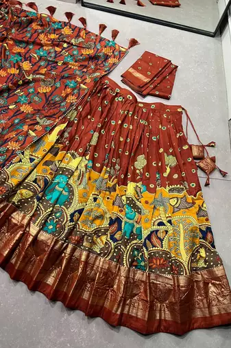 Ethnic Tasar silk blend Kalamkari Printed Lehenga Choli with Foil Border