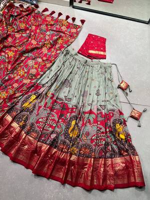 Ethnic Tasar silk blend Kalamkari Printed Lehenga Choli with Foil Border 5