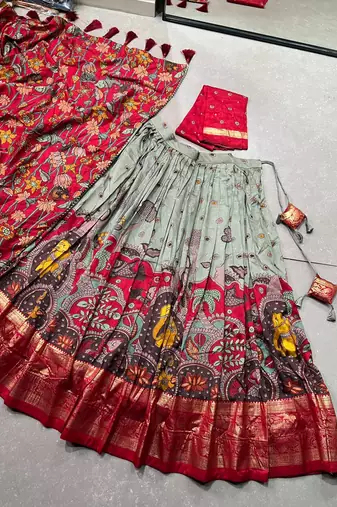 Ethnic Tasar silk blend Kalamkari Printed Lehenga Choli with Foil Border