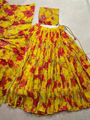 Women's Marble Floral Print Flared Lehenga Choli Set 5