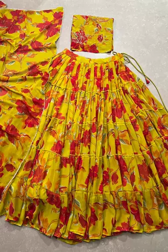 Women's Marble Floral Print Flared Lehenga Choli Set