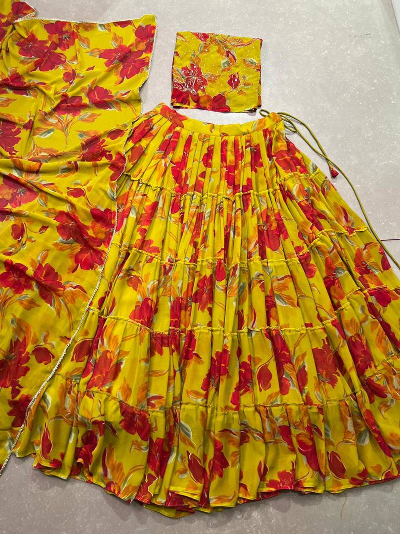 Women's Marble Floral Print Flared Lehenga Choli Set