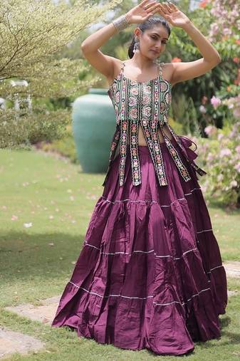 wine cotton gota patti lace work lehenga choli set for women